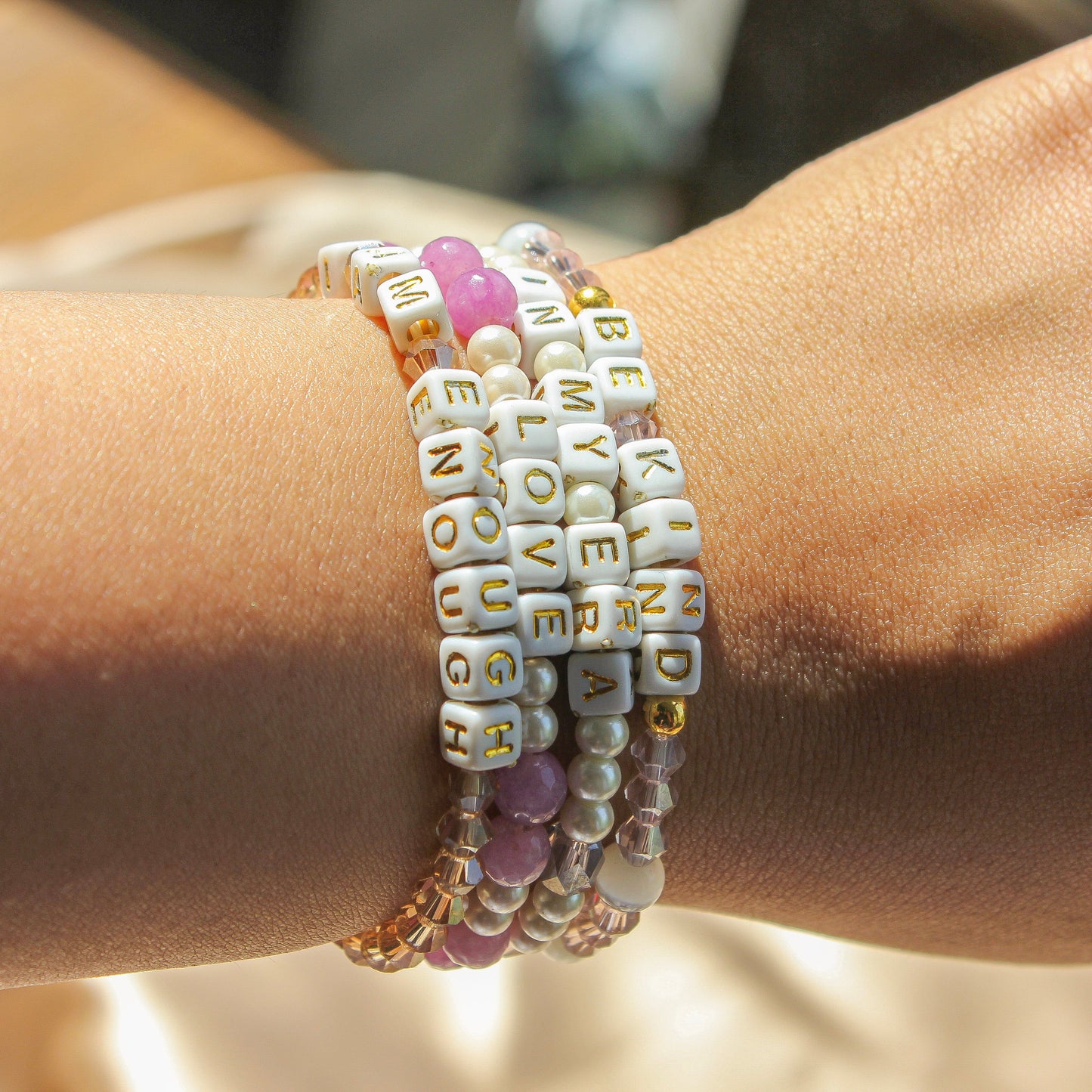 Be Kind Stack – Custom handmade beaded bracelet with personalized name or mantra. Perfect for gifting, self-expression, and meaningful everyday wear.