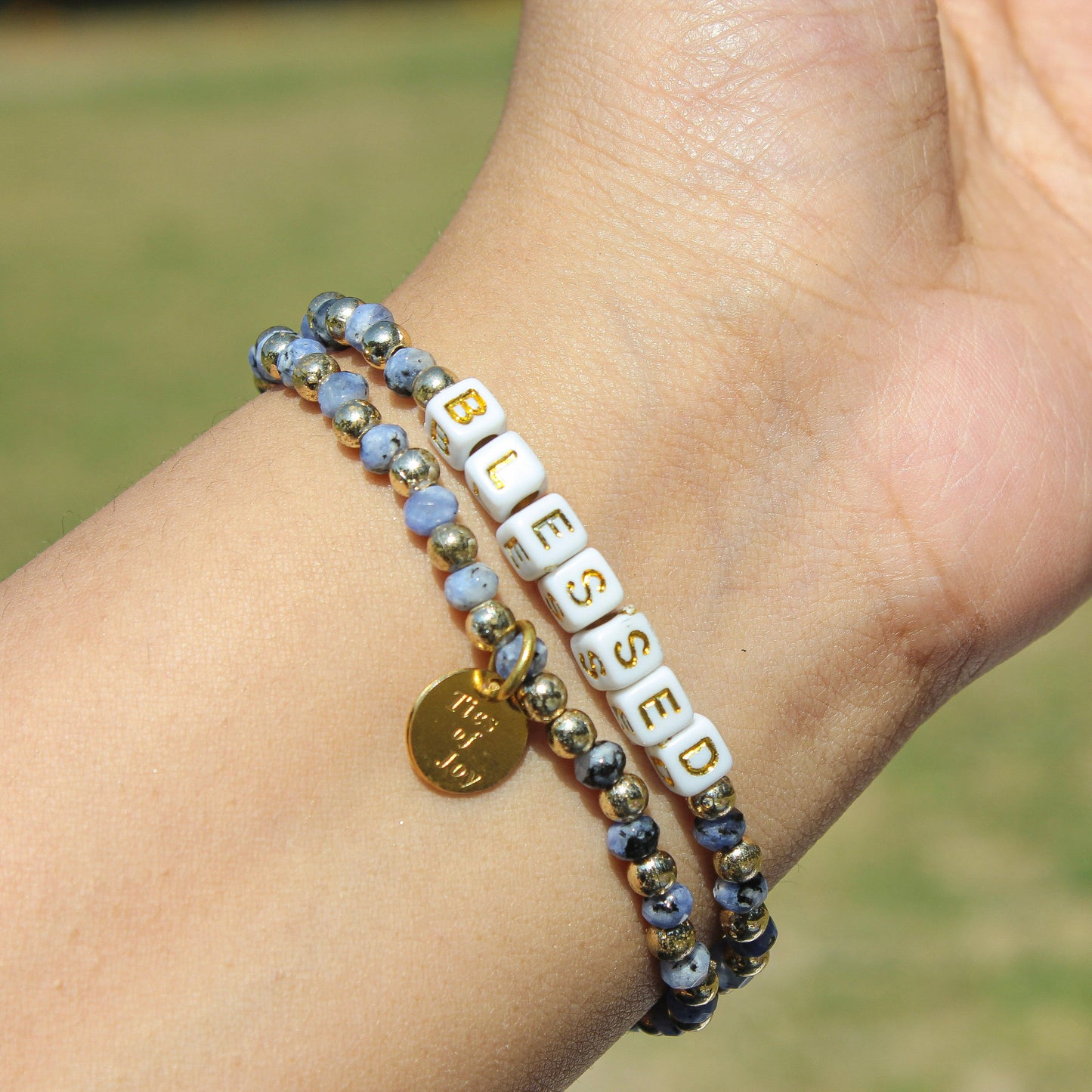 Blessed – Custom handmade beaded bracelet with personalized name or mantra. Perfect for gifting, self-expression, and meaningful everyday wear.