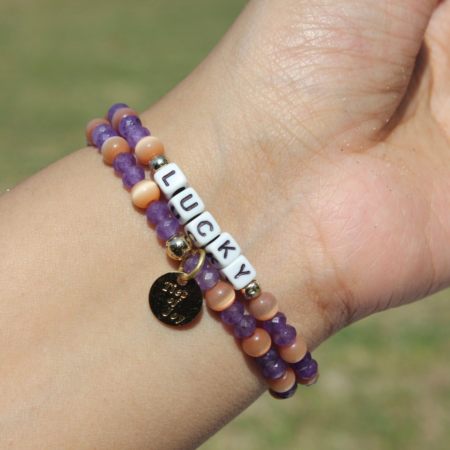 Lucky – Custom handmade beaded bracelet with personalized name or mantra. Perfect for gifting, self-expression, and meaningful everyday wear.