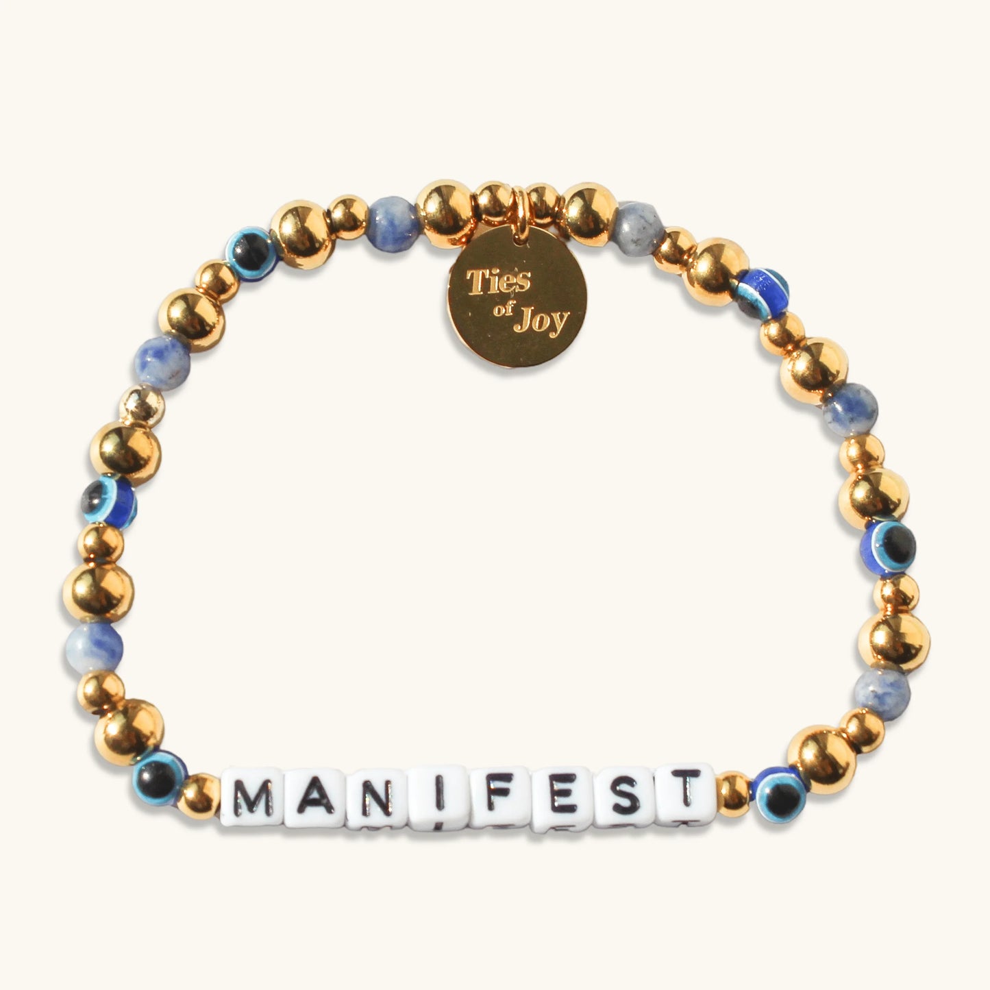 Manifest beaded bracelet with blue, gold beads and Ties of Joy gold charm
