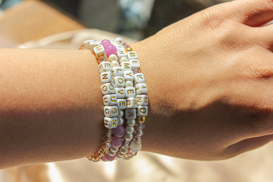 Be Kind Stack – Custom handmade beaded bracelet with personalized name or mantra. Perfect for gifting, self-expression, and meaningful everyday wear.