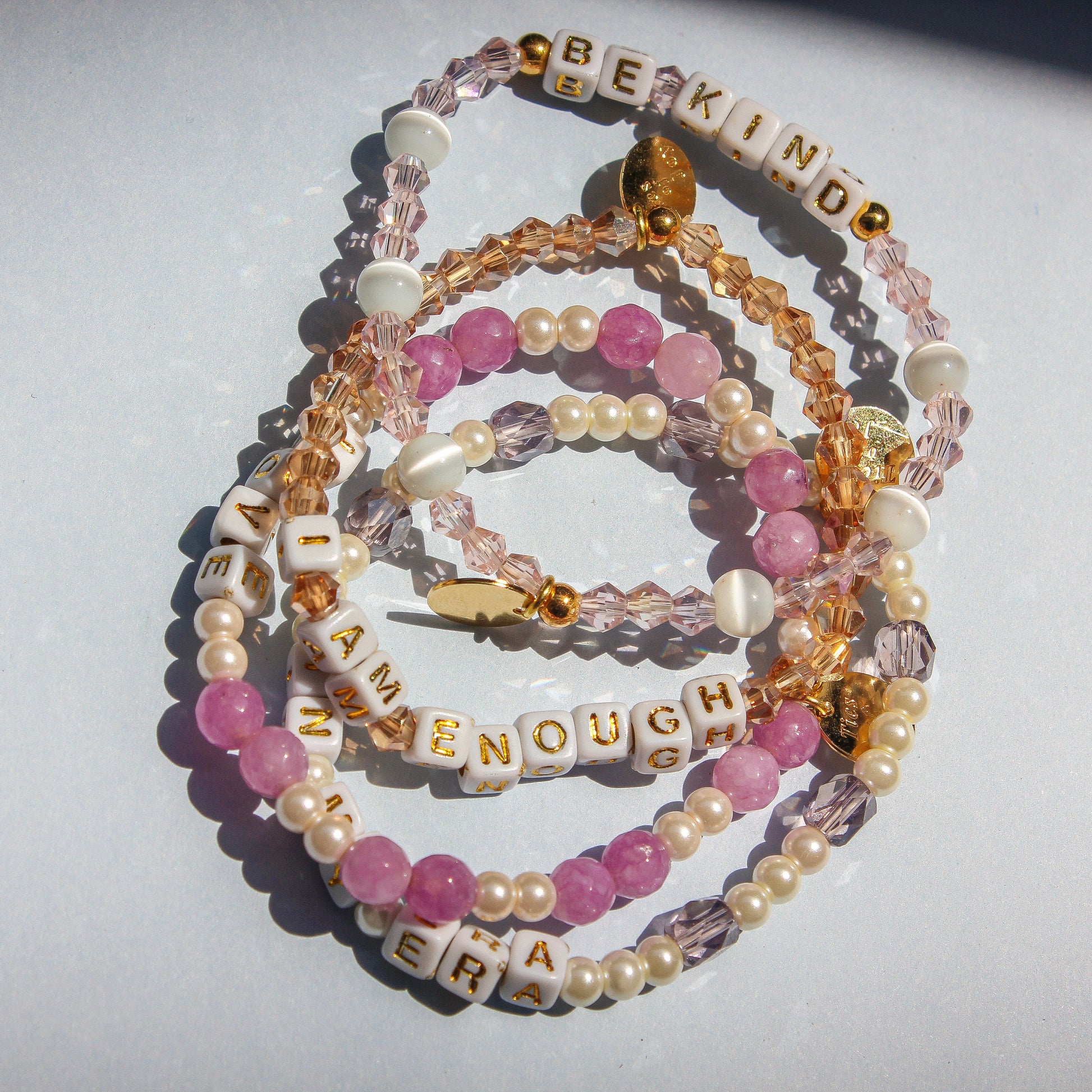 Be Kind Stack – Custom handmade beaded bracelet with personalized name or mantra. Perfect for gifting, self-expression, and meaningful everyday wear.