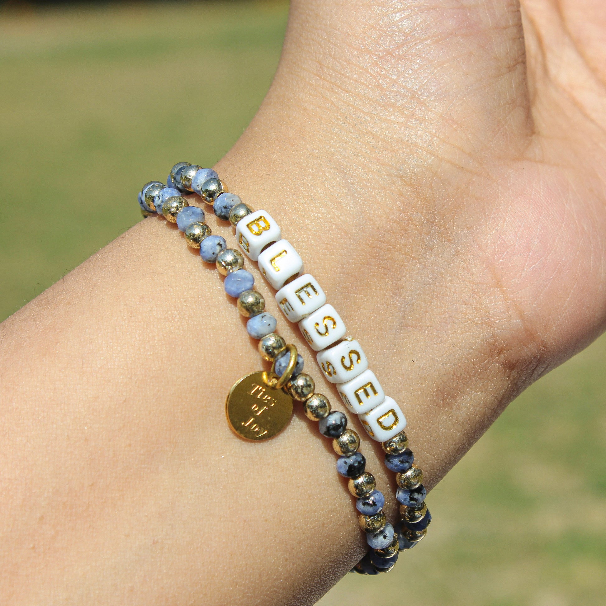 Blessed – Custom handmade beaded bracelet with personalized name or mantra. Perfect for gifting, self-expression, and meaningful everyday wear.