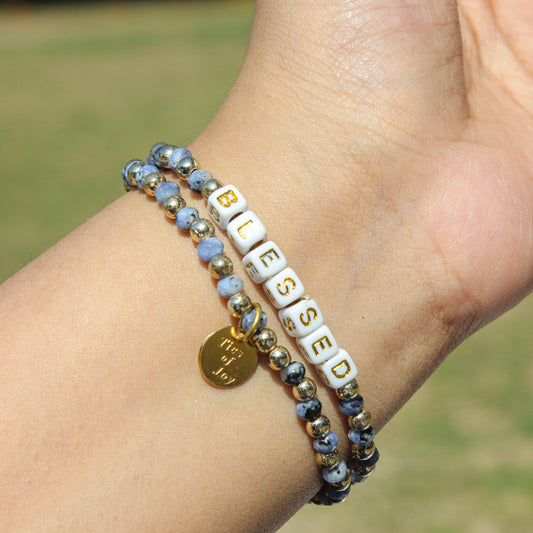 Blessed – Custom handmade beaded bracelet with personalized name or mantra. Perfect for gifting, self-expression, and meaningful everyday wear.
