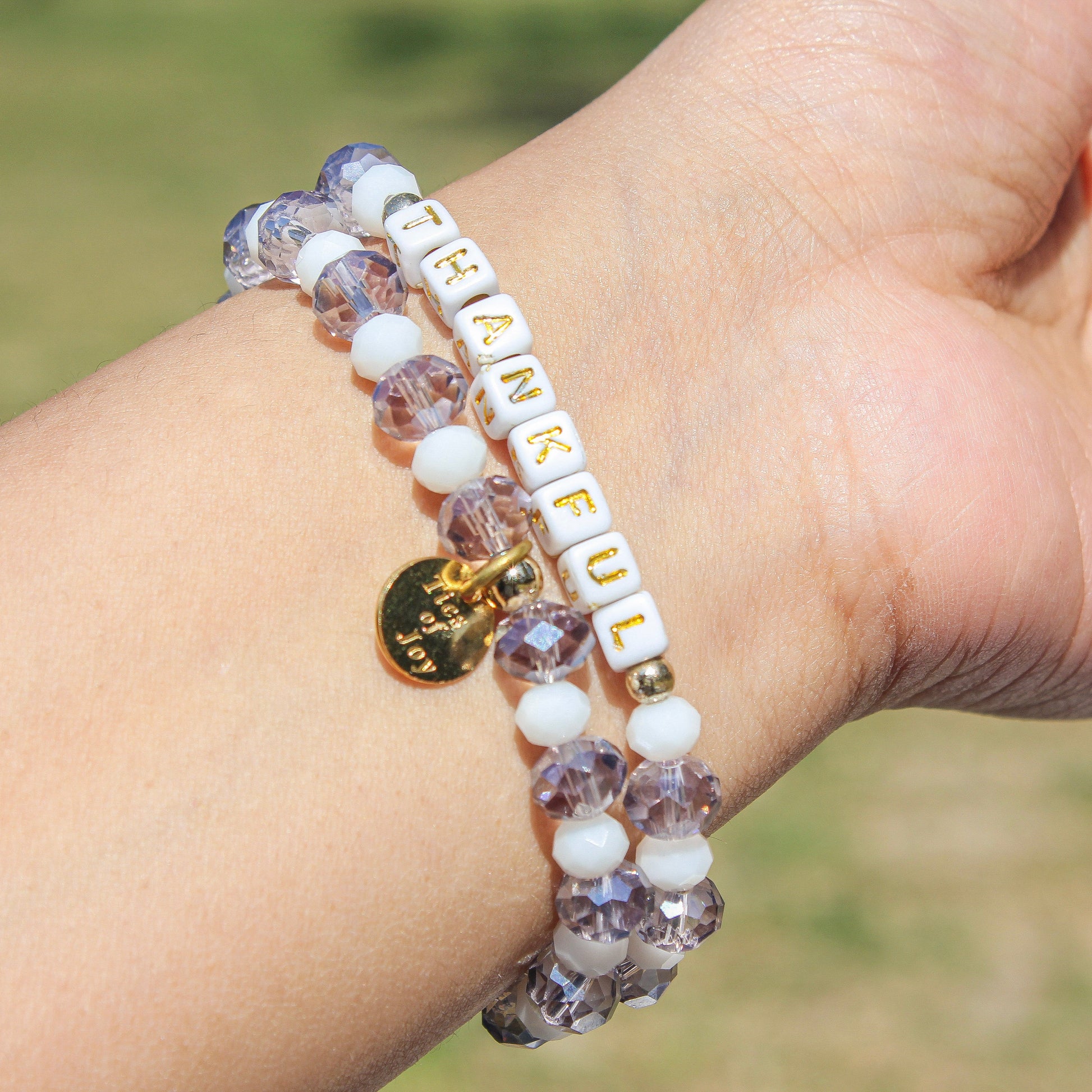 Thankful – Custom handmade beaded bracelet with personalized name or mantra. Perfect for gifting, self-expression, and meaningful everyday wear.