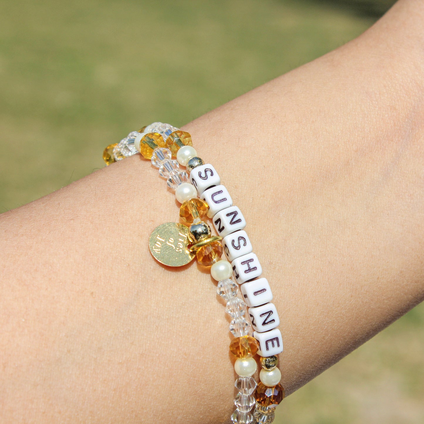 Sunshine – Custom handmade beaded bracelet with personalized name or mantra. Perfect for gifting, self-expression, and meaningful everyday wear.