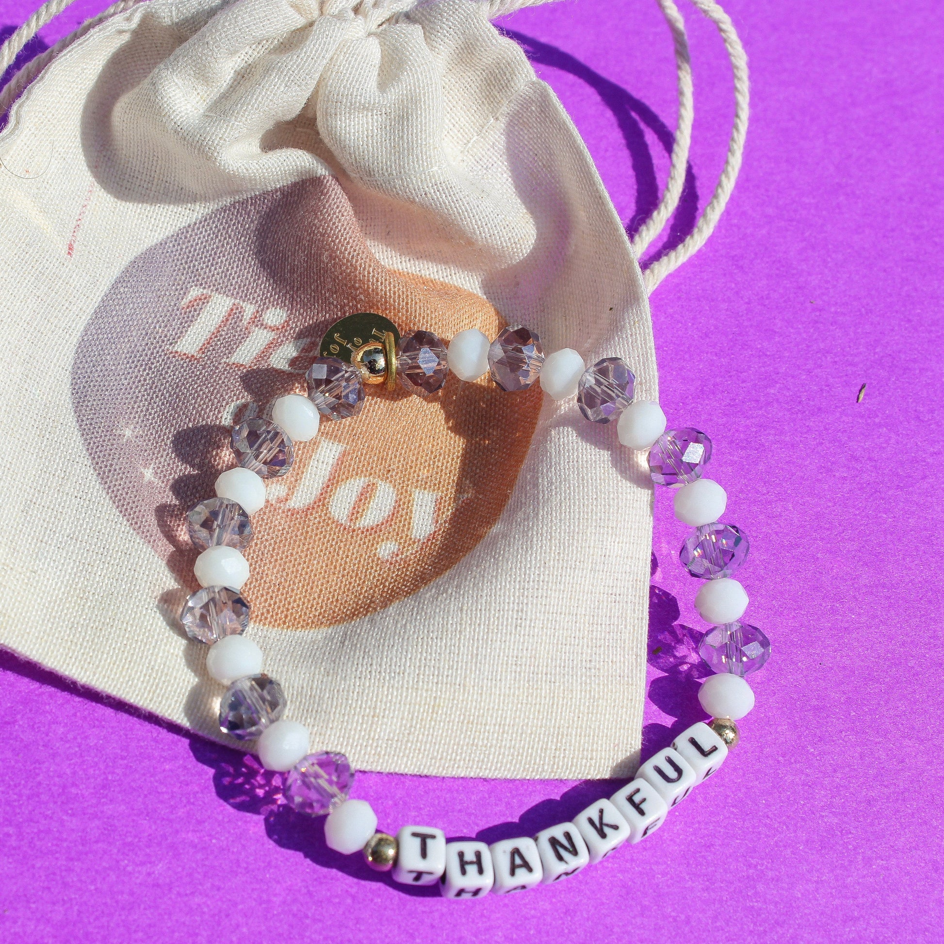 Thankful – Custom handmade beaded bracelet with personalized name or mantra. Perfect for gifting, self-expression, and meaningful everyday wear.