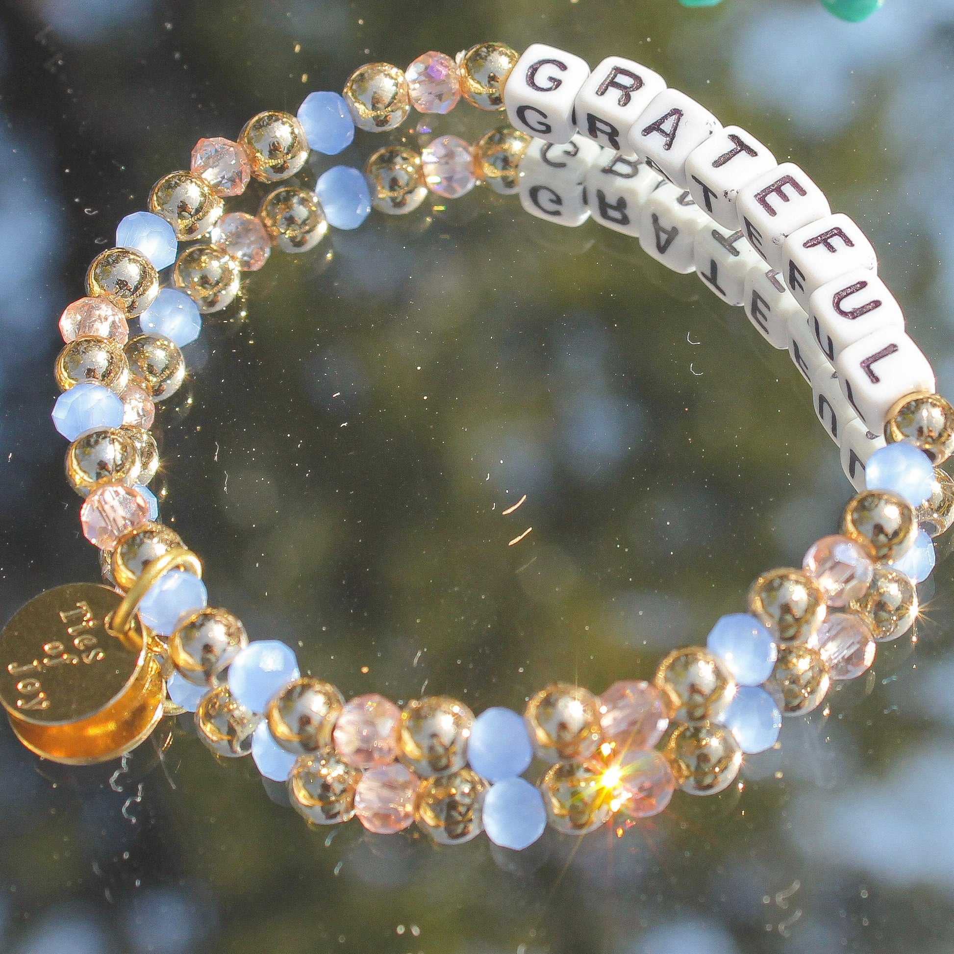 Grateful – Custom handmade beaded bracelet with personalized name or mantra. Perfect for gifting, self-expression, and meaningful everyday wear.