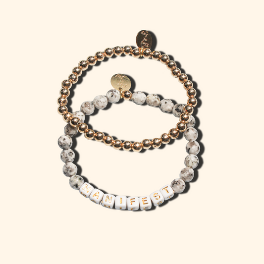 Manifest Stack – Custom handmade beaded bracelet with personalized name or mantra. Perfect for gifting, self-expression, and meaningful everyday wear.