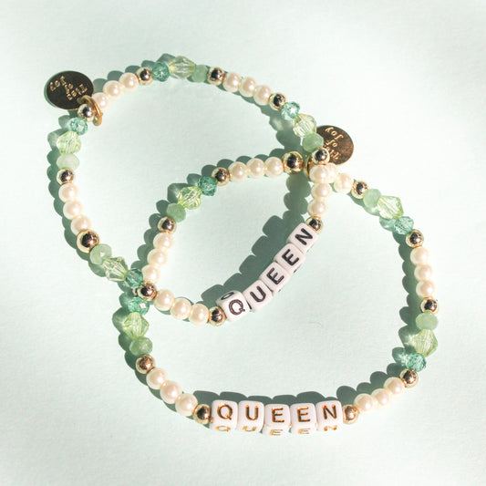 Queen – Custom handmade beaded bracelet with personalized name or mantra. Perfect for gifting, self-expression, and meaningful everyday wear.