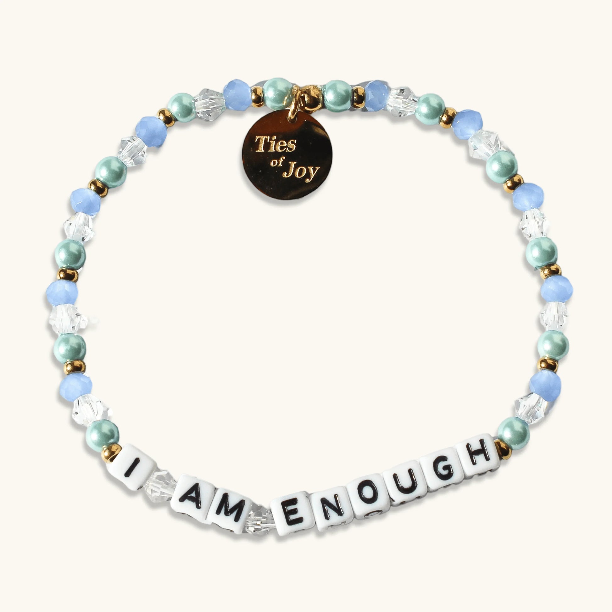 Ties of Joy beaded bracelet with I AM ENOUGH letter beads, pastel blue and green pearls