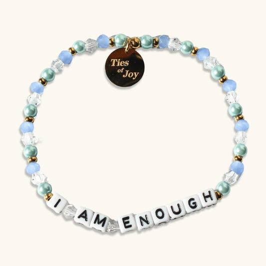Ties of Joy beaded bracelet with I AM ENOUGH letter beads, pastel blue and green pearls