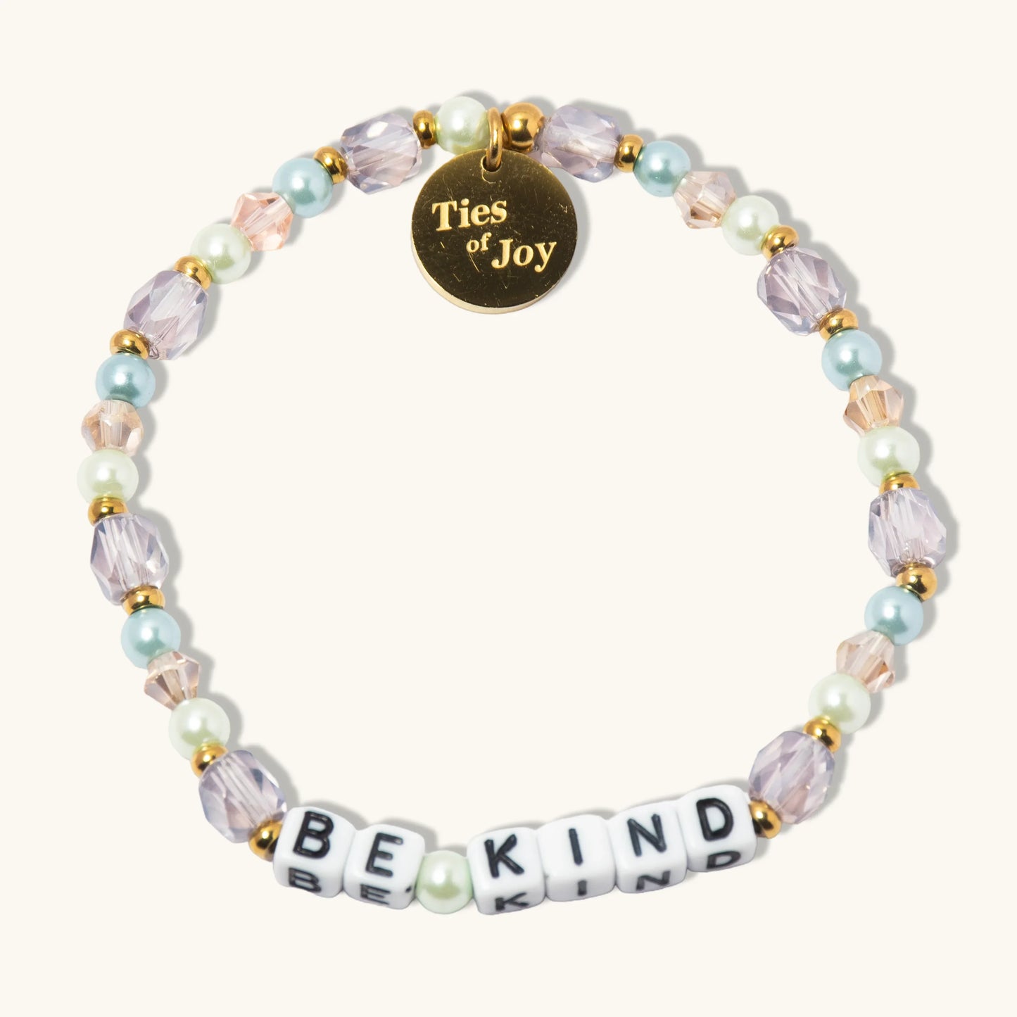 Colorful beaded bracelet with BE KIND letter beads and gold Ties of Joy charm