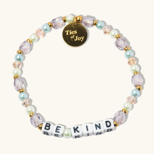 Colorful beaded bracelet with BE KIND letter beads and gold Ties of Joy charm