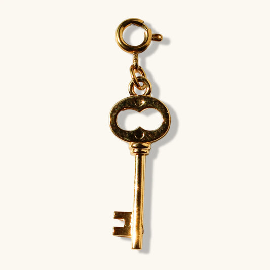 Gold vintage key charm pendant with clasp on white background