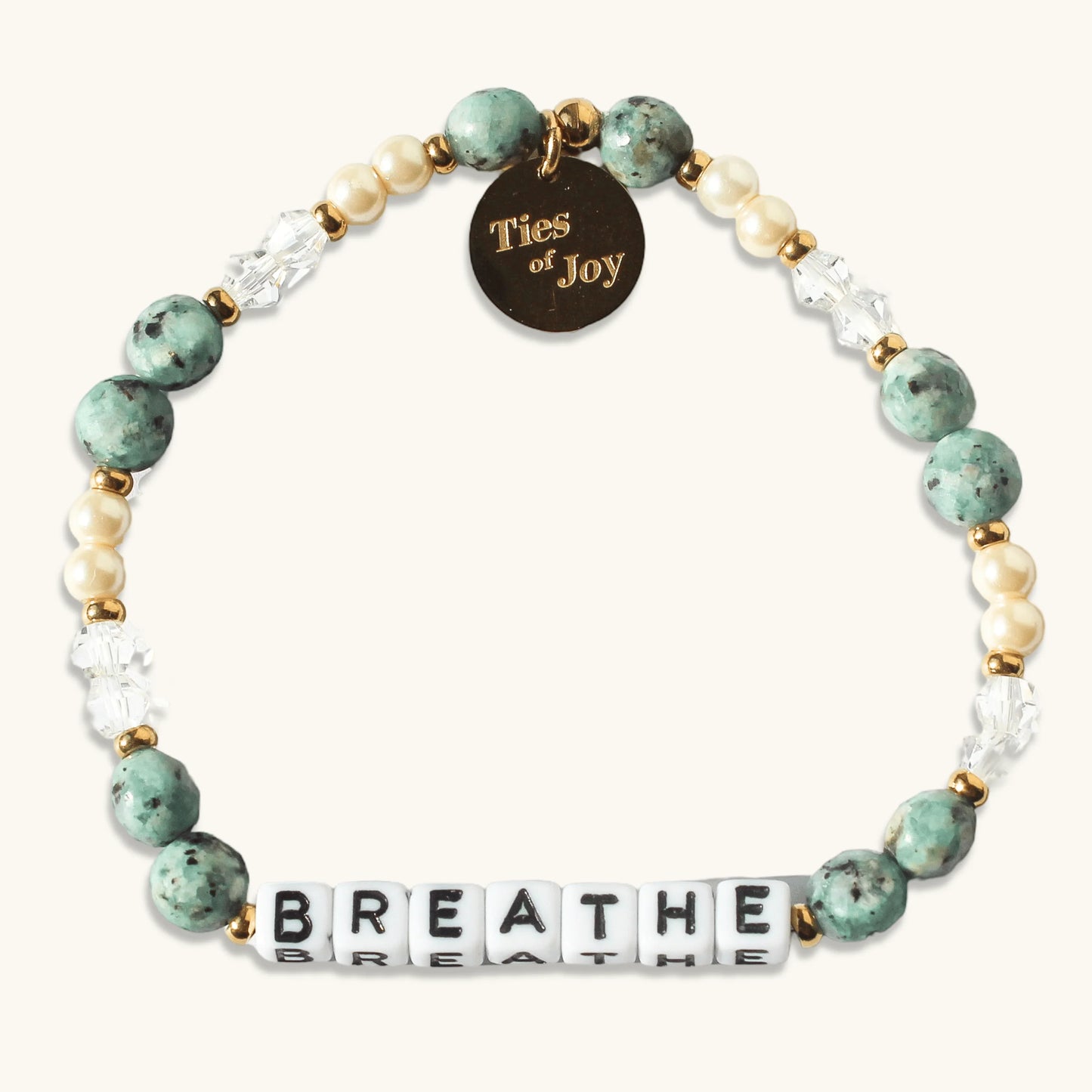 Beaded bracelet with green stones, pearls, 'BREATHE' letter beads, and Ties of Joy gold charm