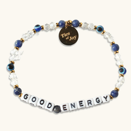 Beaded bracelet with 'GOOD ENERGY' letter beads and Ties of Joy gold charm