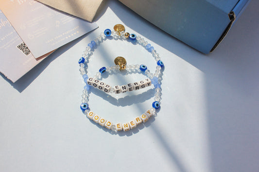 Good Energy – Custom handmade beaded bracelet with personalized name or mantra. Perfect for gifting, self-expression, and meaningful everyday wear.